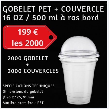 2000 Bubble tea cups with 2000 lids 500 ml brimful – transparent recyclable PET