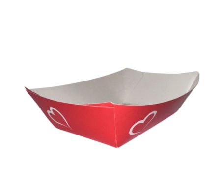 620 Medium trays 950 g – greaseproof cardboard 255 g/m2 – 10.6x7.3x5.2 cm – red and white “For You”